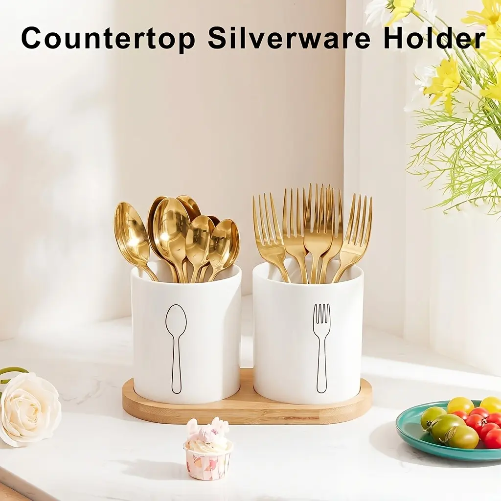 Countertop Silverware Holder, Silverware Caddy Organizer for Forks, Spoons, and Knives, Cutlery Caddy with 2 Compartments, Kitchen Utensil Holder for Parties, Home Storage