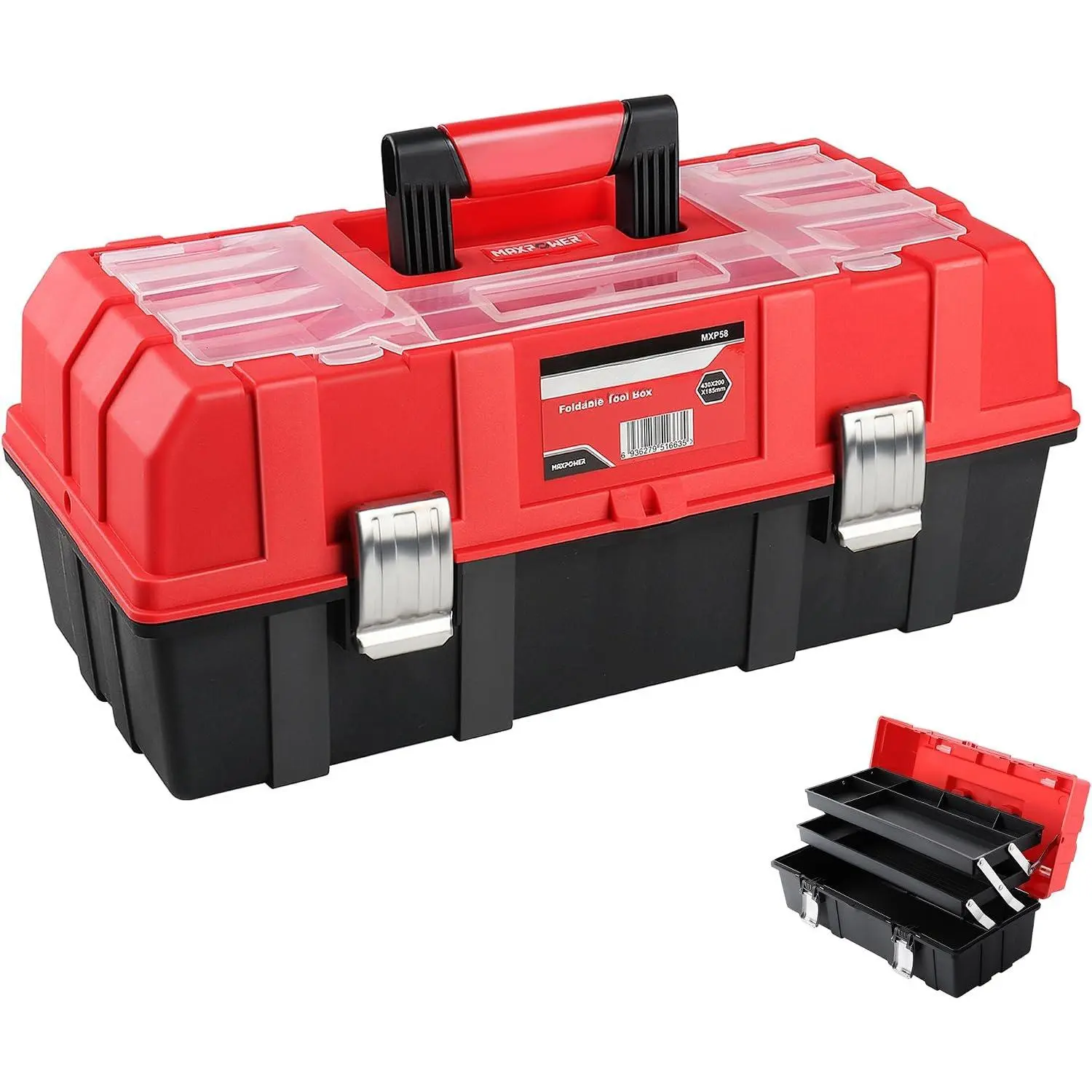 16-Inch Tool Box, Three-Layer Folding Plastic Storage Toolbox, Multi-Function Organizer with Tray and Dividers, Tools Box with Stainless Steel Lock