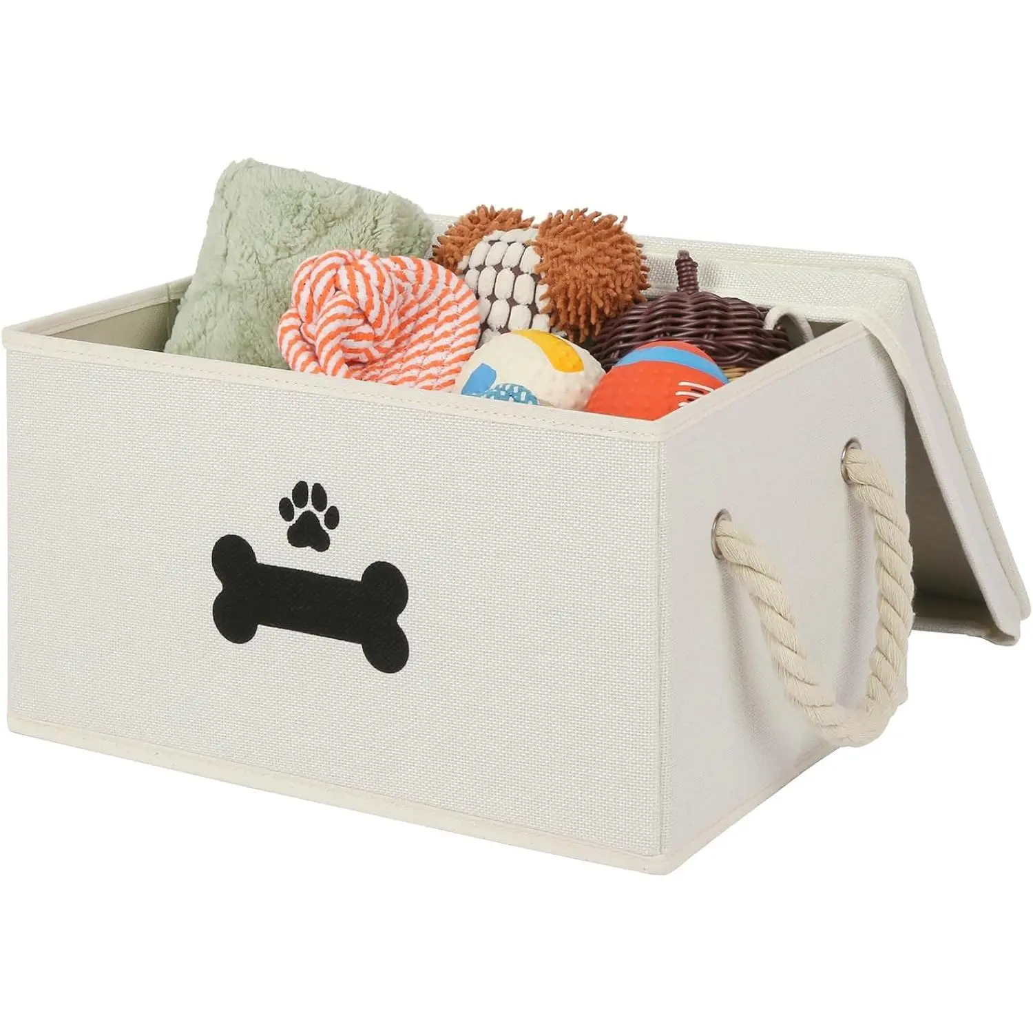Dog Toy Basket with Lid, Dog Basket for Toys, Dogs Toy Box with Cotton Rope Handles, Collapsible Storage Bins for Pet Toys, Dogs Storage Organizer, Beige