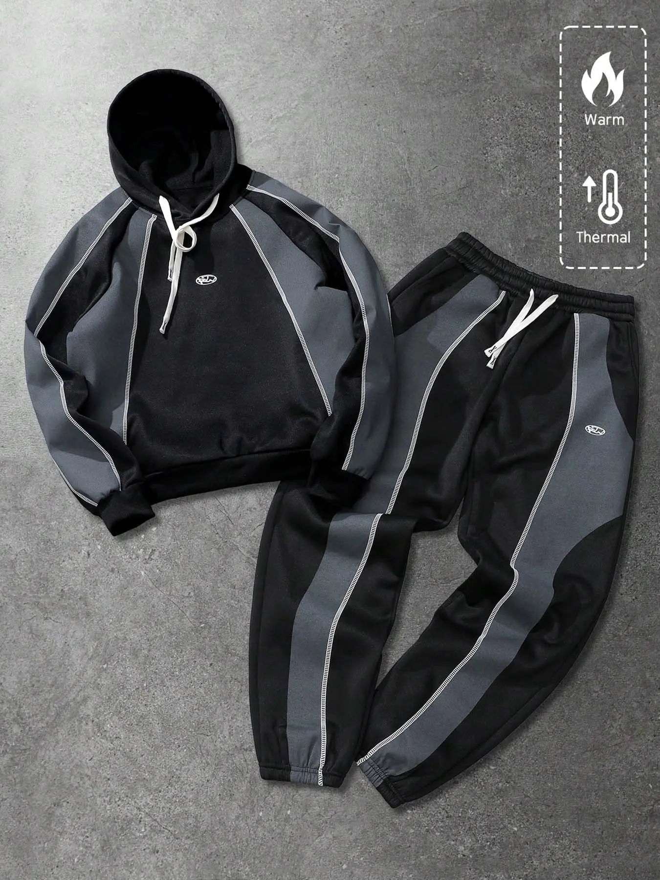 Men's two-piece tracksuit, black and gray color-block hoodie & sweatpants with contrast stitching, warm and soft fleece lining, perfect for winter casual outings, outdoor jogging, and hip-hop weekend hangouts, Sport Casual Outfit, Hooded Tracksuit Set