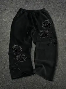 Men's Vintage Washed Wide Leg Sweatpants, Gothic Rose Floral Graphic Print Drawstring Joggers, Casual Dark Streetwear Loose Trousers #RosePrintPants #GothicStreetwear #WashedSweatpants #WideLegJoggers #TikTokMadeMeBuyIt