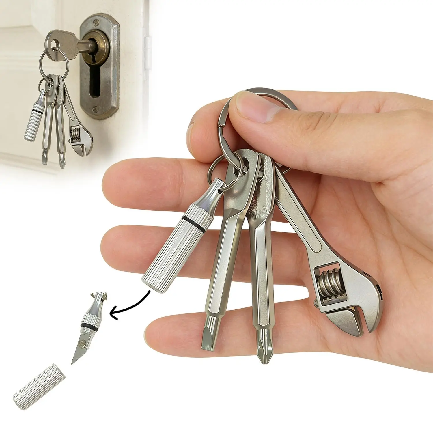 4 in 1 Mini Pocket Tool Keychain, Portable Repair Tools Pendant Keychain with Wrench Screwdriver & Utility Knife, Multi-function Hand Tools Kit, Father’s Day Birthday Gifts