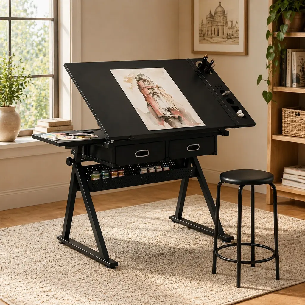 ARCH Adjustable Height Office Desk with 2 Drawers & Storage, Ergonomic Drafting Table Set with Stool, Tiltable Surface, Assembly Required for Home Office Students & Architects, Black Workstation
