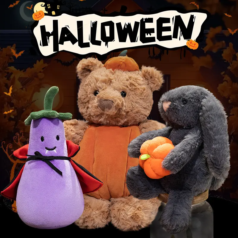 Halloween Pumpkin Bear Plush Decor, Cute Spooky Stuffed Bear Figure for Room, Desk, Shelf, Party & Holiday Gift
