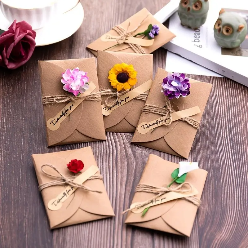 Vintage 3D Design Kraft Paper Envelopes with Flower Accents (Set of 5) - Elegant Office Stationery for Wedding Invitations, Gift Cards