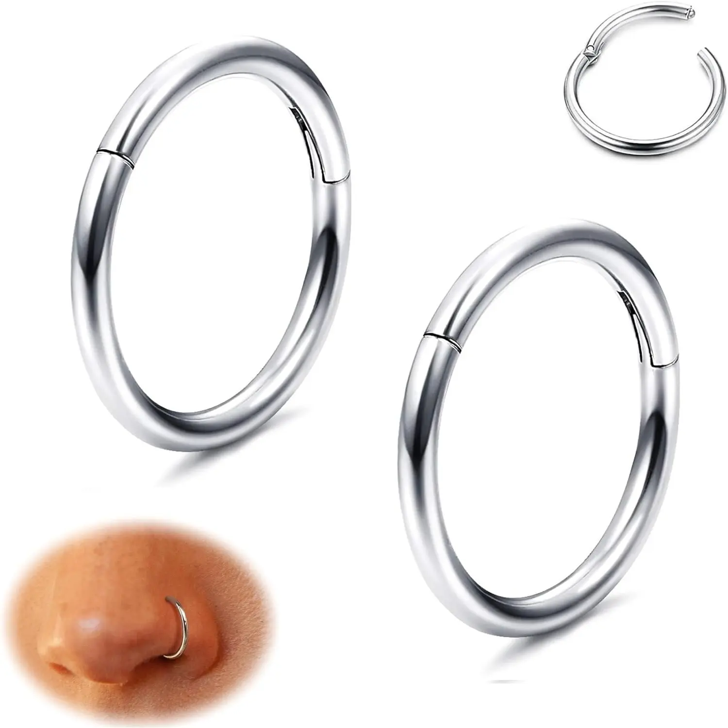 Unisex 16 Gauge G23 Titanium Hinged Segment Click Hoops - 1.2mm 15/32in Hypoallergenic Body Jewelry, Improved Craftsmanship, Not Require a Tool, for Helix, Lobe, Hoop Nose, Nipple Ring Piercings, Daily Casual Wear, Helix Pierced Ring