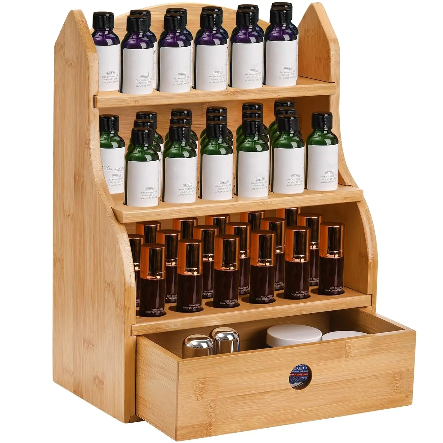 Essential Oils Storage Case, 46 Slots  Polish Shelf Display Rack with Drawer,  3 Tiers Essential Oil Organizer Holds 10/15/20/30ml Bottles for ,  Shelf, Fairs, Shop