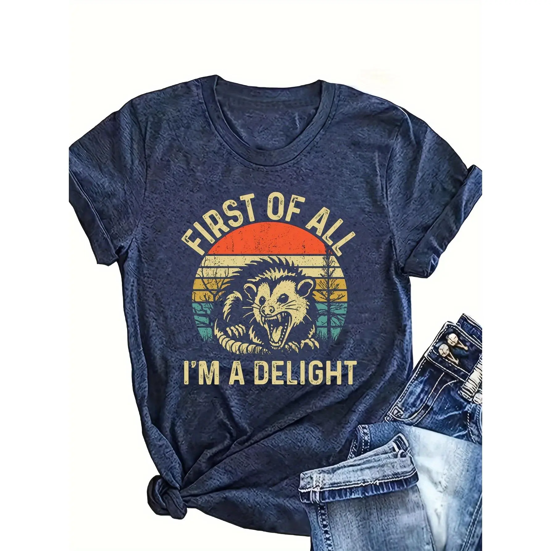 100% Cotton Women Round Neck Short Sleeve T-Shirt, First Of All I’m A Delight Retro Sunset Opossum Distressed Graphic Loose Casual Tee, Funny Sarcastic Animal Vintage Soft Breathable Summer Daily Wear Top Gift