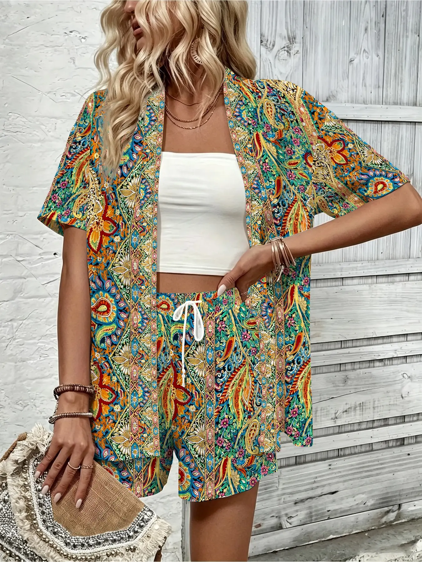 Fashion Bohemian Printed Women's Kimono Shirt and Casual Shorts Two-Piece Set Summer Boho Shorts Matching Set