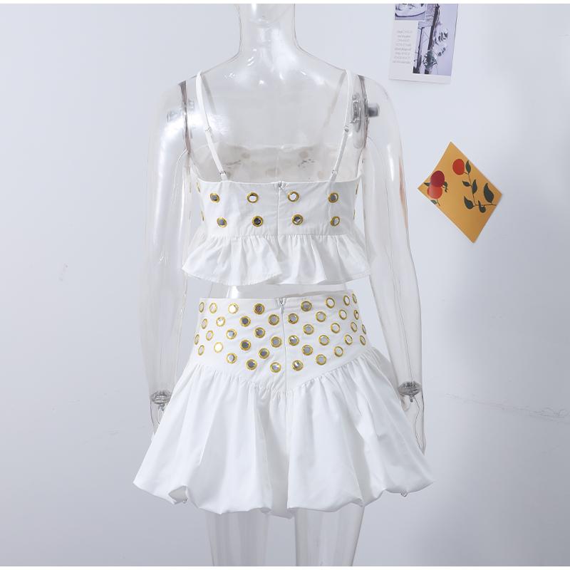 New2025Hollow Out Crop Tank Pleated Skirt Sets Women Ring Bead Strap Sleeveless Backless Vest A-line Skrits Suits Spring Street