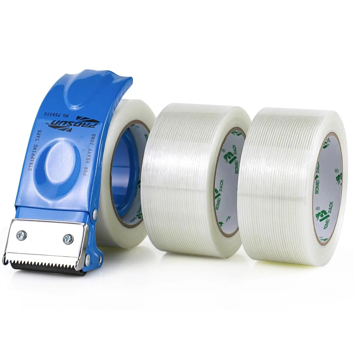 Strapping Tape 2Inch with Dispenser, Mono Fiberglass Reinforced ing Tape with String for Shipping, 3Rolls x 5.5Mil x 35Yds,  105Yds