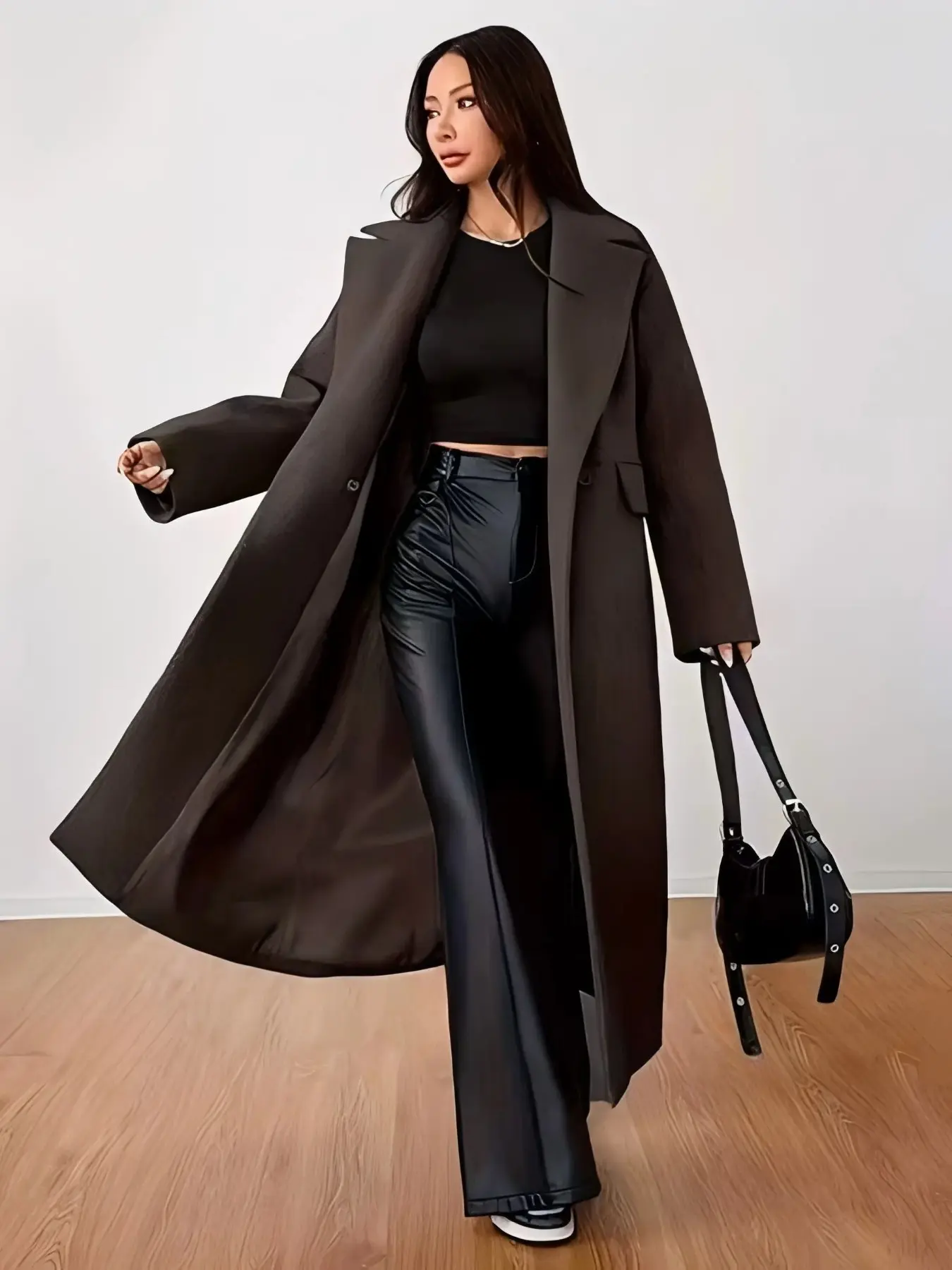 Vintage Long Coat for Women, Large Lapel Single Button Loose Fit, Minimalist Style Autumn Winter Outerwear, Slimming Effect