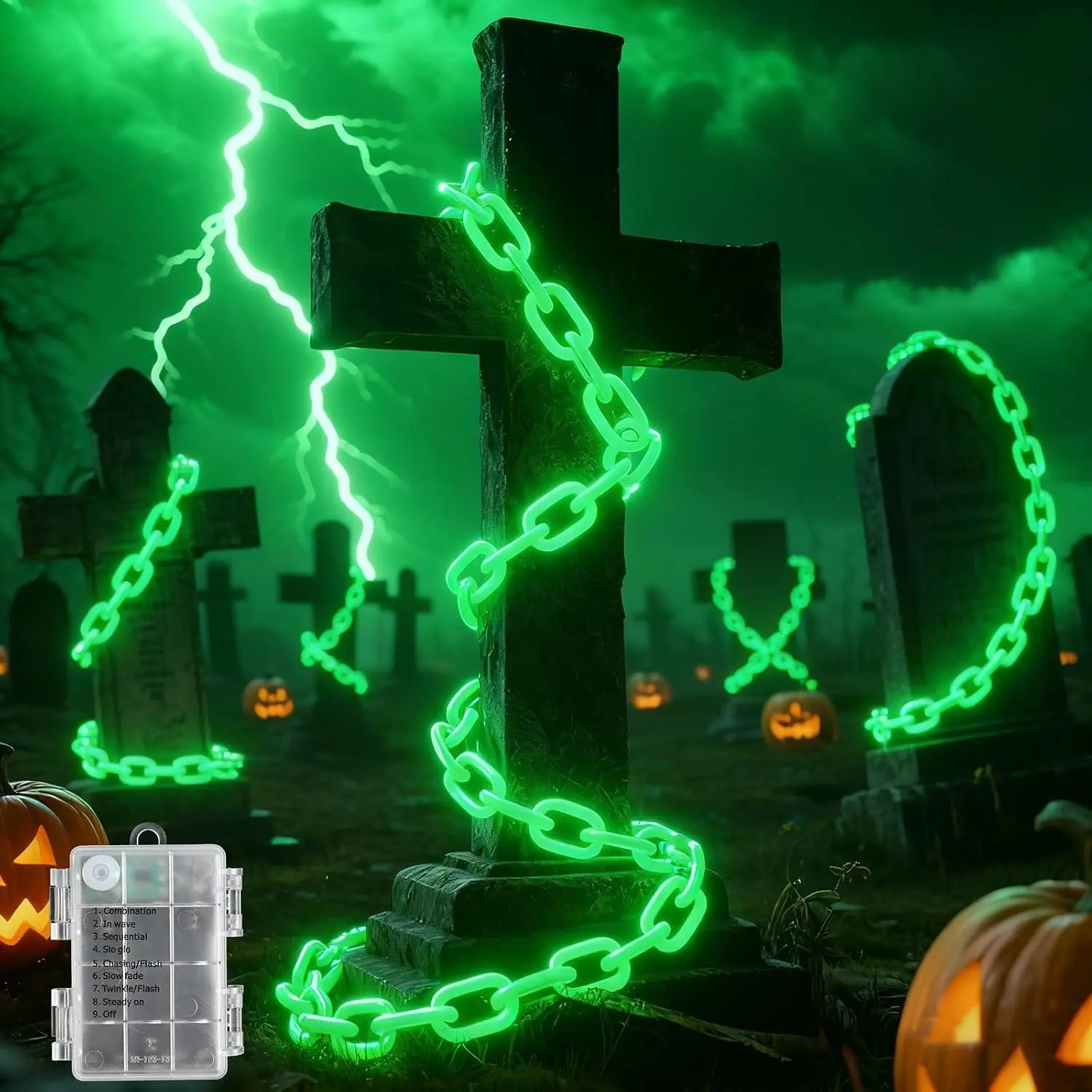 10Ft Green Chains Battery Operated Halloween Lights with 8 Modes Timer, Outdoor Indoor Halloween Decorations Lighted Prop Chains for Party Haunted House Skeleton Dog Creepy Costumes CosplayGift