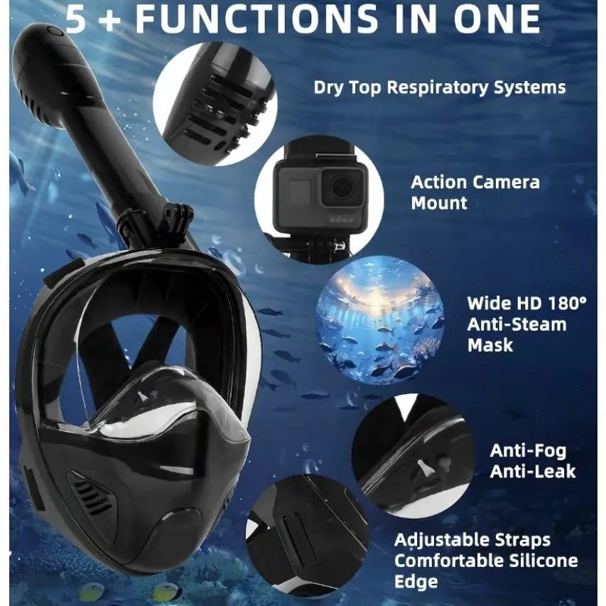 Full-Face Snorkeling Mask, Foldable Diving Gear for Adults with Camera Mount, 180° Panoramic View, Anti-Fog & Leak-Free Silicone Seal