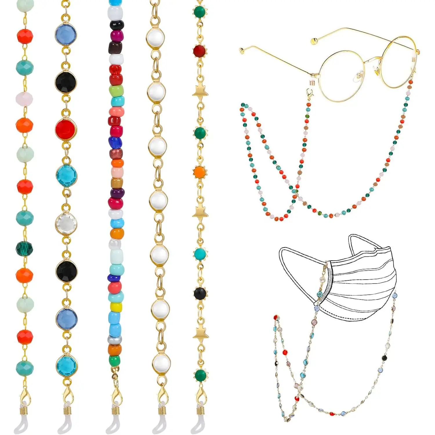 5 Pack Eyeglass Chains for Women, Colorful Mix Beaded Gold Strap with Crystal Beads, Lightweight Sunglass Holder for Daily Use