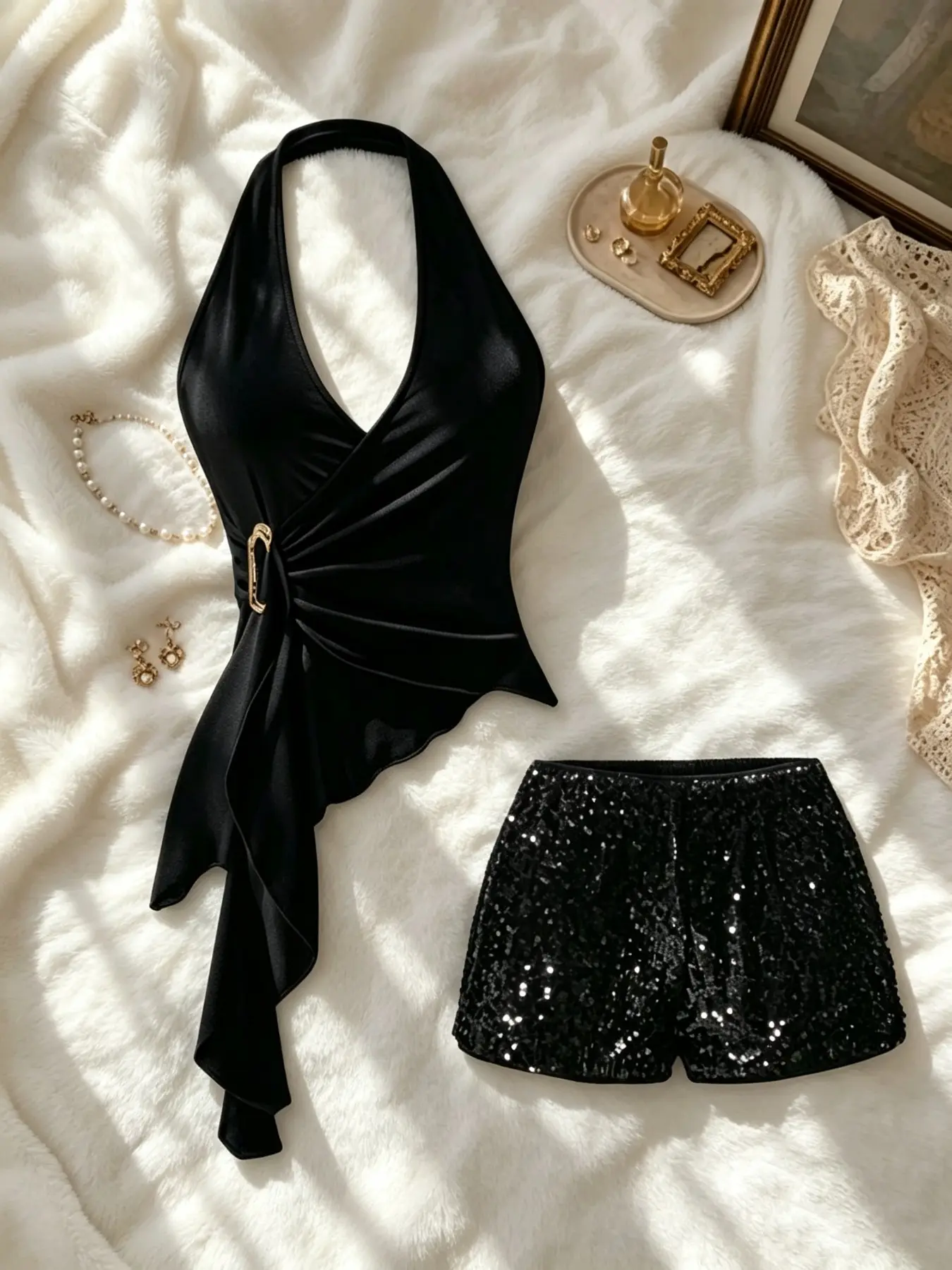 Y2K Shiny Aesthetic Two-Piece Set: Solid Color Drop Shoulder Tank Top + Glitter Mini Shorts, Women's Fashion for Casual Wear