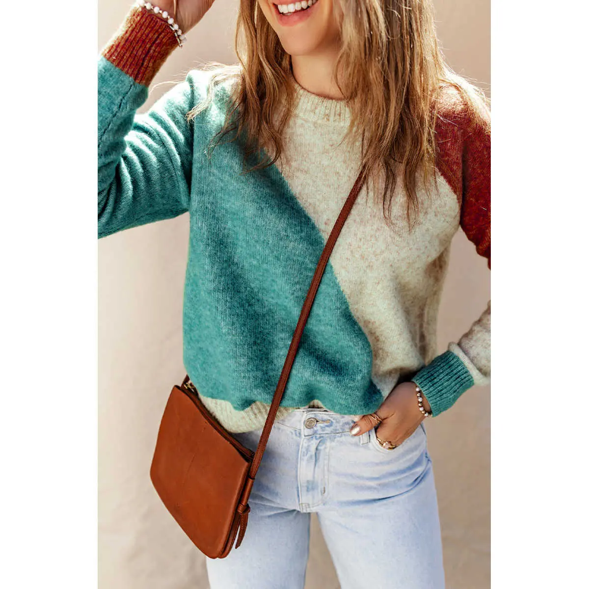 Women's Chic Colorblock Sweater, Long Sleeve Round Neck Loose Fit Basic Knitwear Pullover with Ribbed Trim, Vibe, Casual, Fashion, Simple