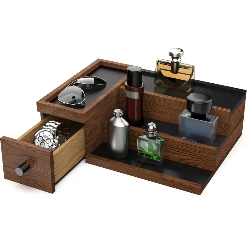 Handcrafted 3 Tier Wooden Cologne Organizer for Men, Perfume Stand Organizer Solid Wood W/Hidden Compartments, Multi-Level Storage for Modern Gentleman's Accessory Organization