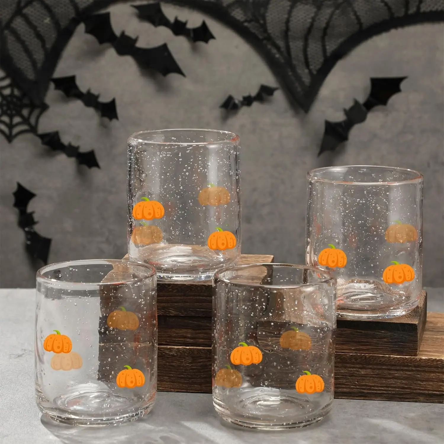 Spooky Stylish 4-Piece Pumpkin Icon Stemless Drinking Glasses Set - Orange, Bulk for Halloween Fall Holiday Party Supplies & Gifts, Aesthetic