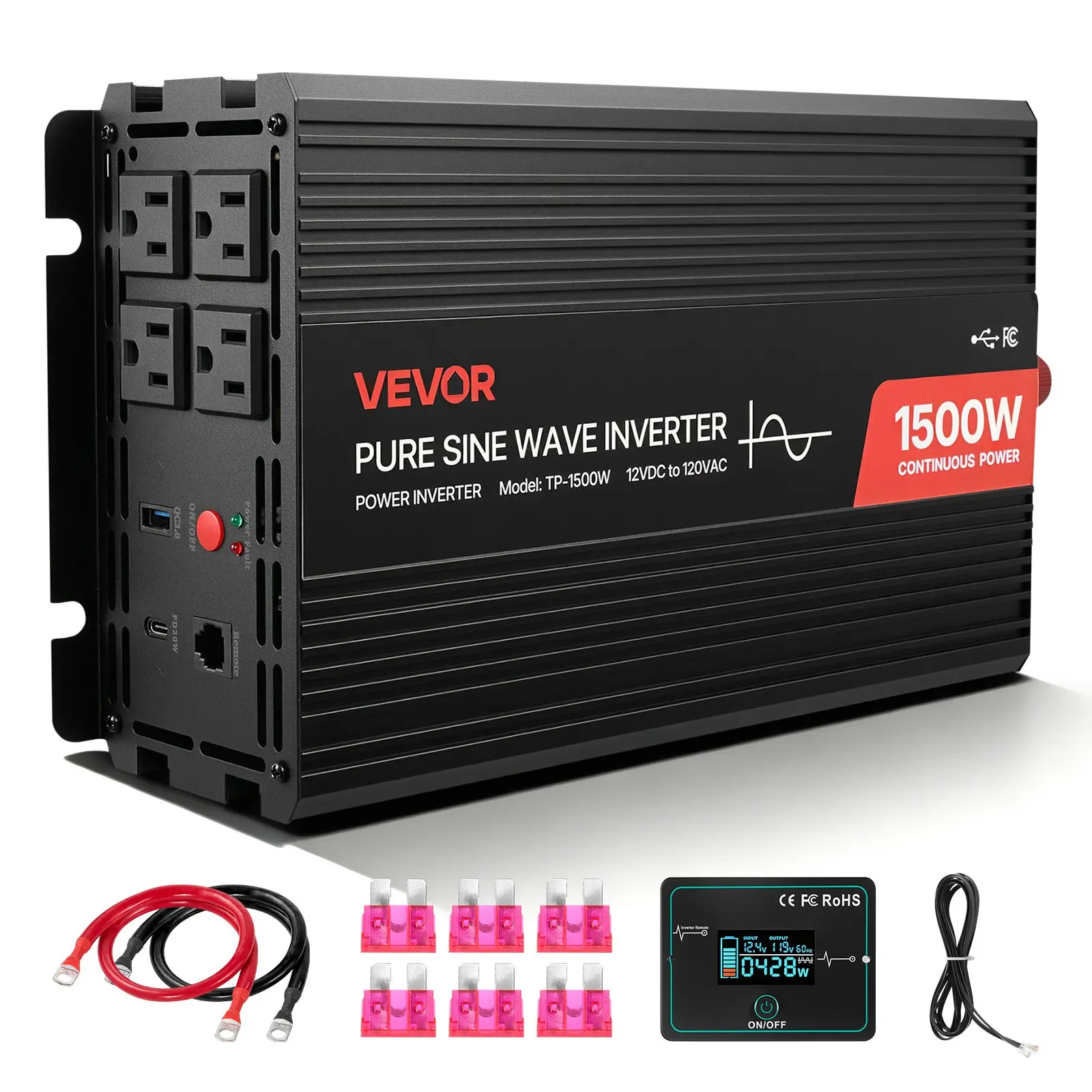 VEVOR 1500W Compact Aluminum Alloy Power Inverter, 12V DC to 120V AC Pure Sine Wave, Car Charger Converter with Remote Control, USB Type-C Ports, 4 AC Outlets for RV, Truck Outdoor Camping