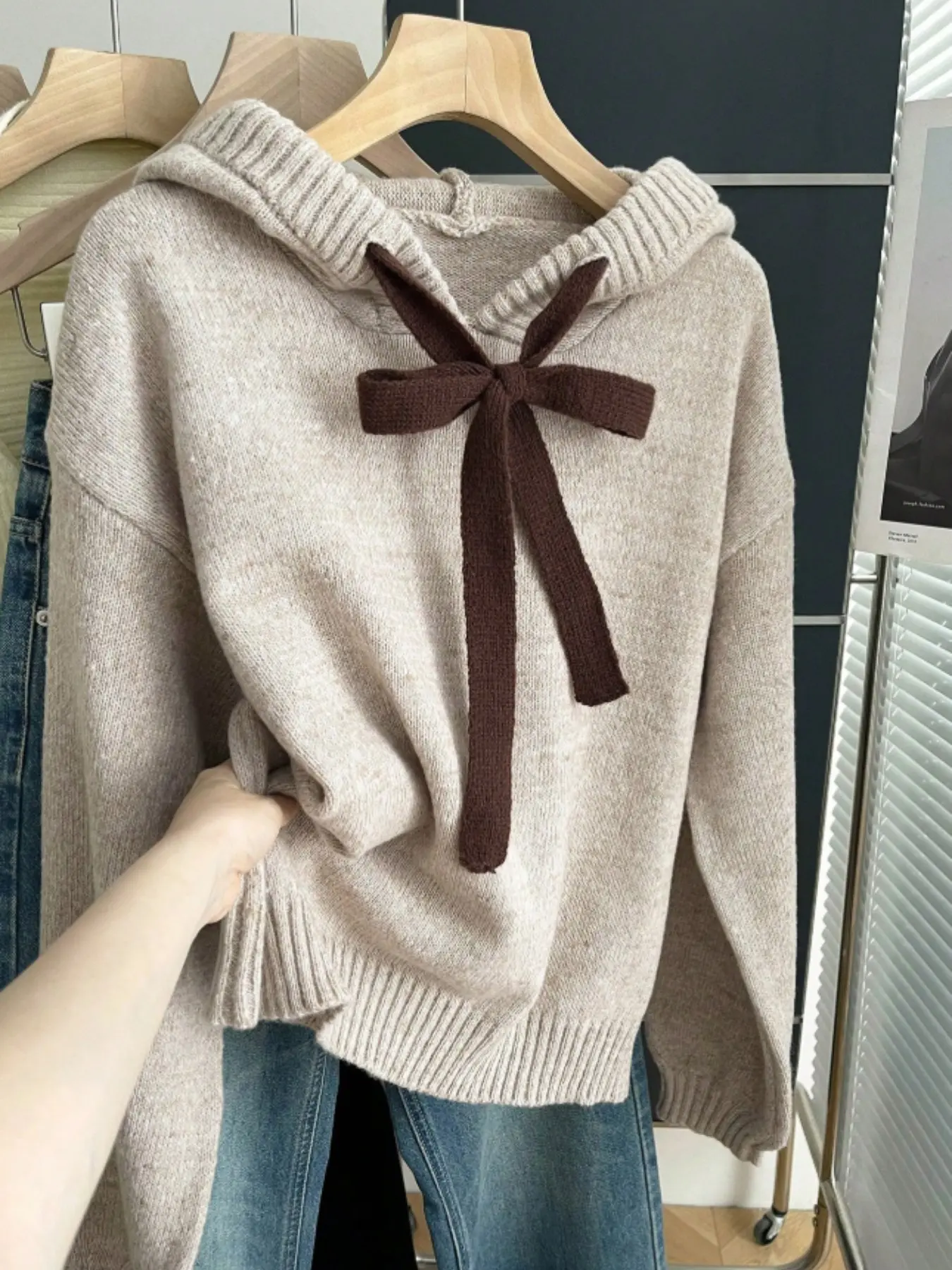 【Black Friday】Fashion Bow Hat Knit Sweater for Women, Sweet Cute Long Sleeve Pullover, Casual Loose Fit Fall Winter Top, Soft Aesthetic Knitted Shirt, Knitting