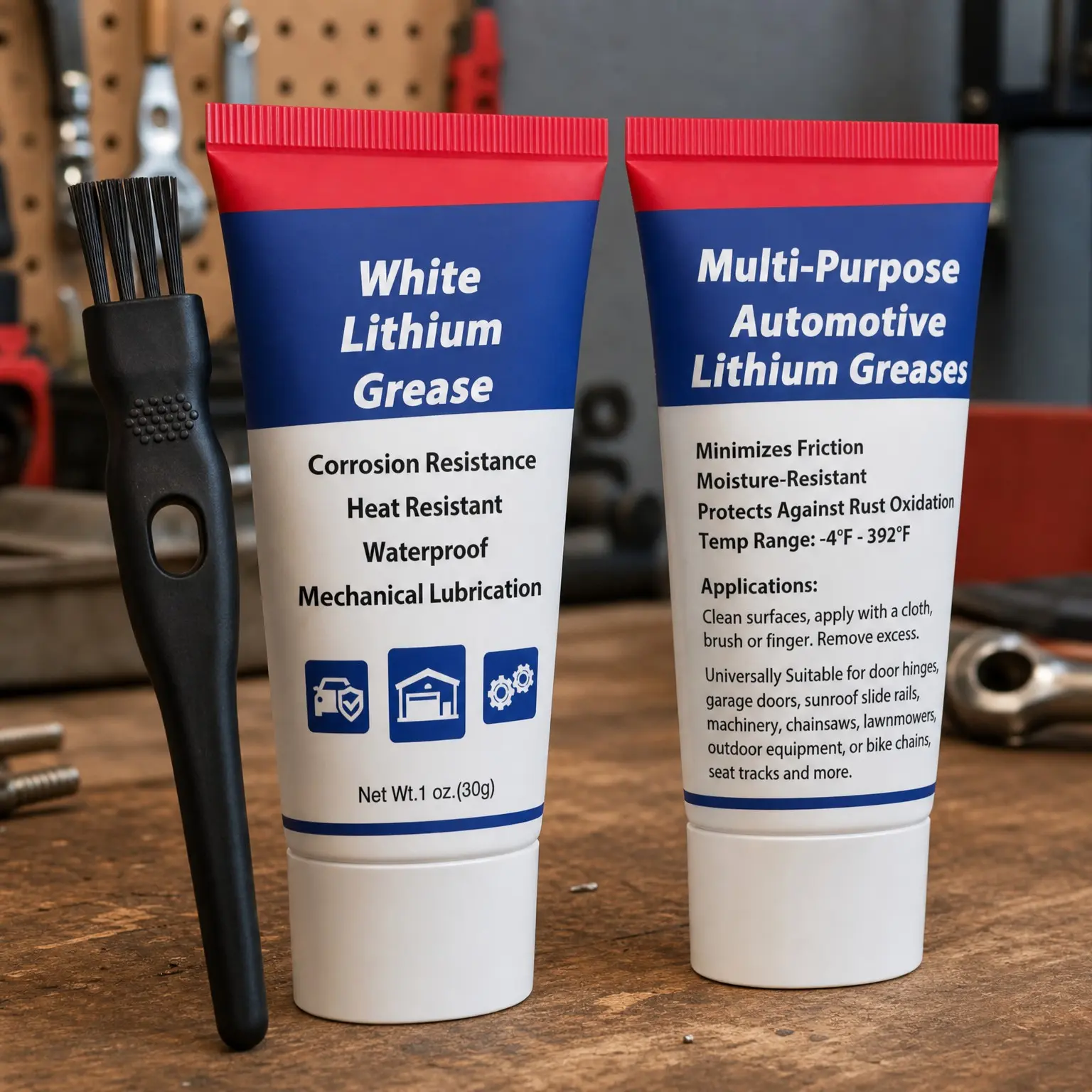 Multi-Purpose Lithium Grease Tube with Brush, NLGI 2 High Temp Lubricant for Bike, Marine, Automotive, Garage Door Hinge, Bearings, Sunroof, Gears, Track Rail – 1 oz, 2 Pack