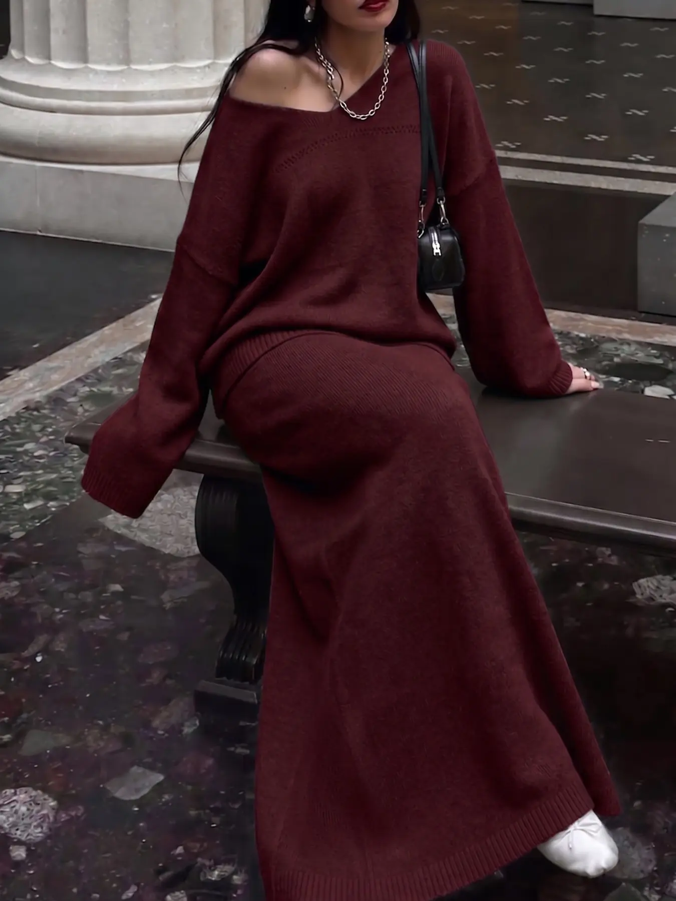 Women's Lazy Style V-Neck Knit Two-Piece Set, Long Sleeve Top and Midi Skirt, Perfect for Outing, Date, Commute, Versatile Knitwear