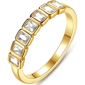 Emerald Cut Bezel Set CZ Halfway Eternity Band | 7 Stone Wedding Anniversary Band Bridal Set
