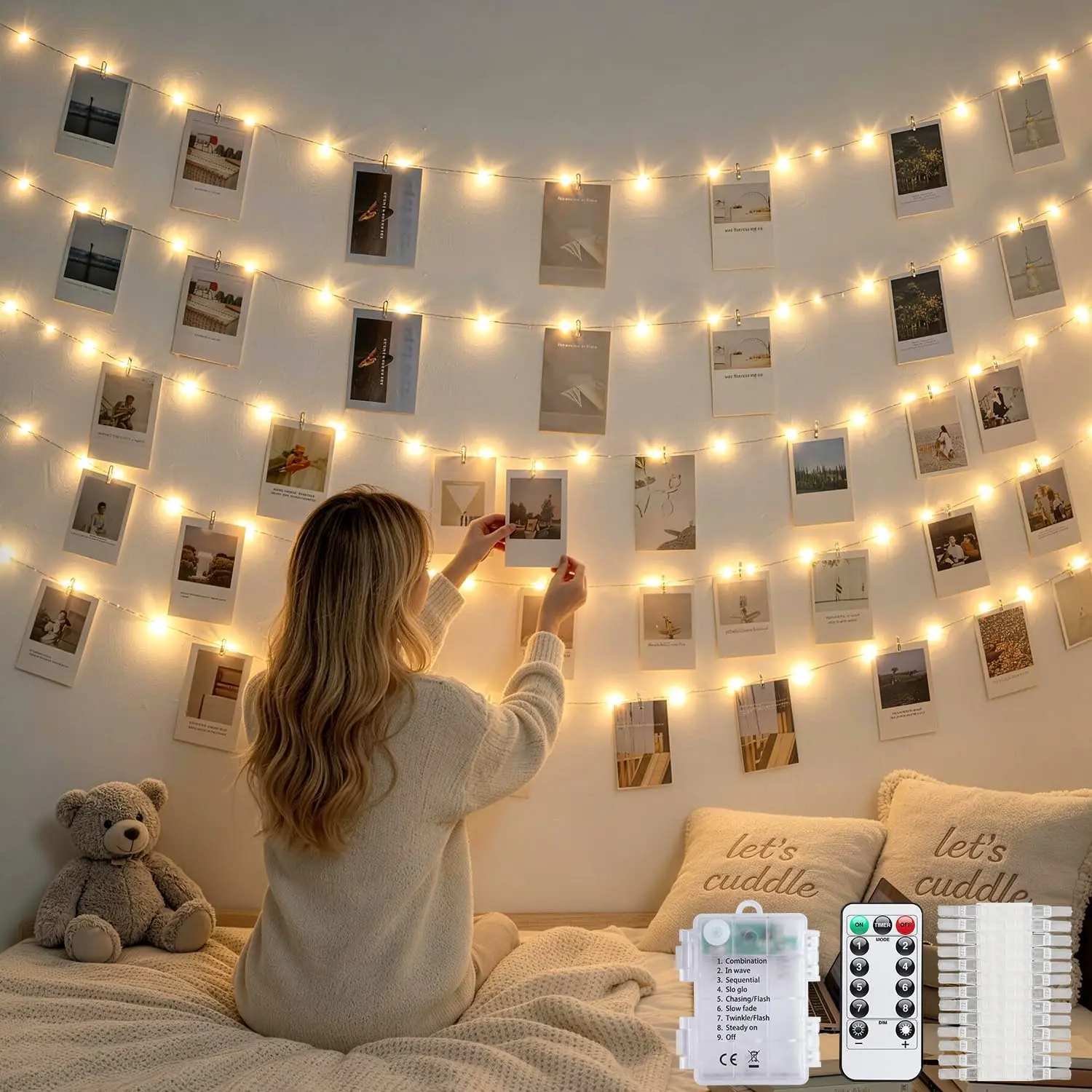 Battery-Powered Photo Clip Fairy Lights, 150 LED 49.5ft Corded Setup String Lights for Bedroom Wall DIY Decor