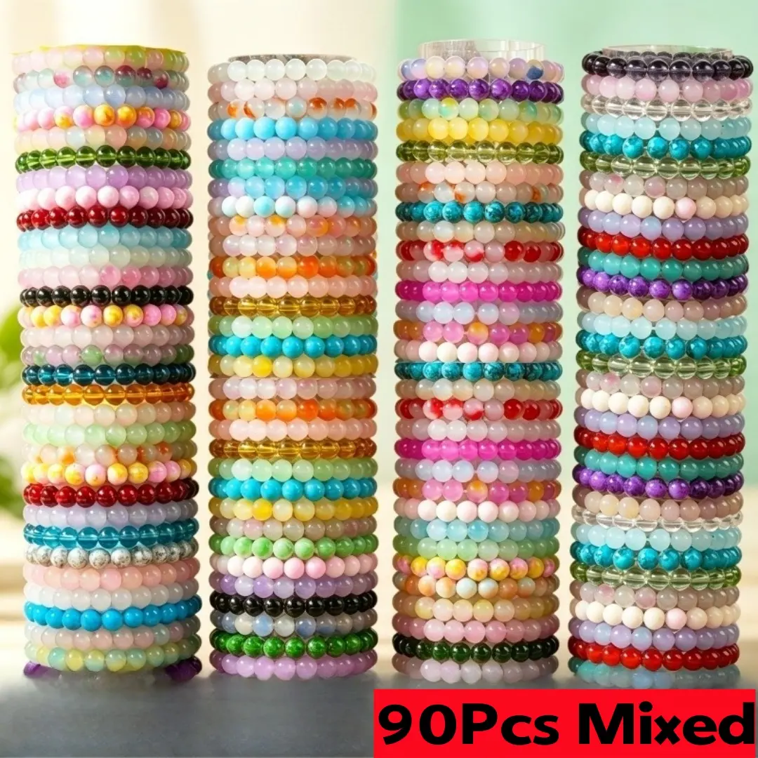 Unisex 90Pcs Elegant Colorful Glass Bead Elastic Bracelets Set - Beaded Design, All Seasons Daily Wear Costume Jewelry, Ideal Gift for Anniversaries, Beaded Look