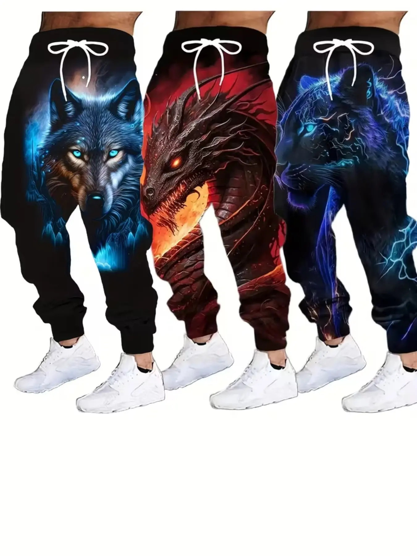 3-Piece Cyberpunk Digital Print Sweatpants Set, Ice Blue Flame Wolf Dragon Electric Panther, Casual Streetwear Menswear for Men