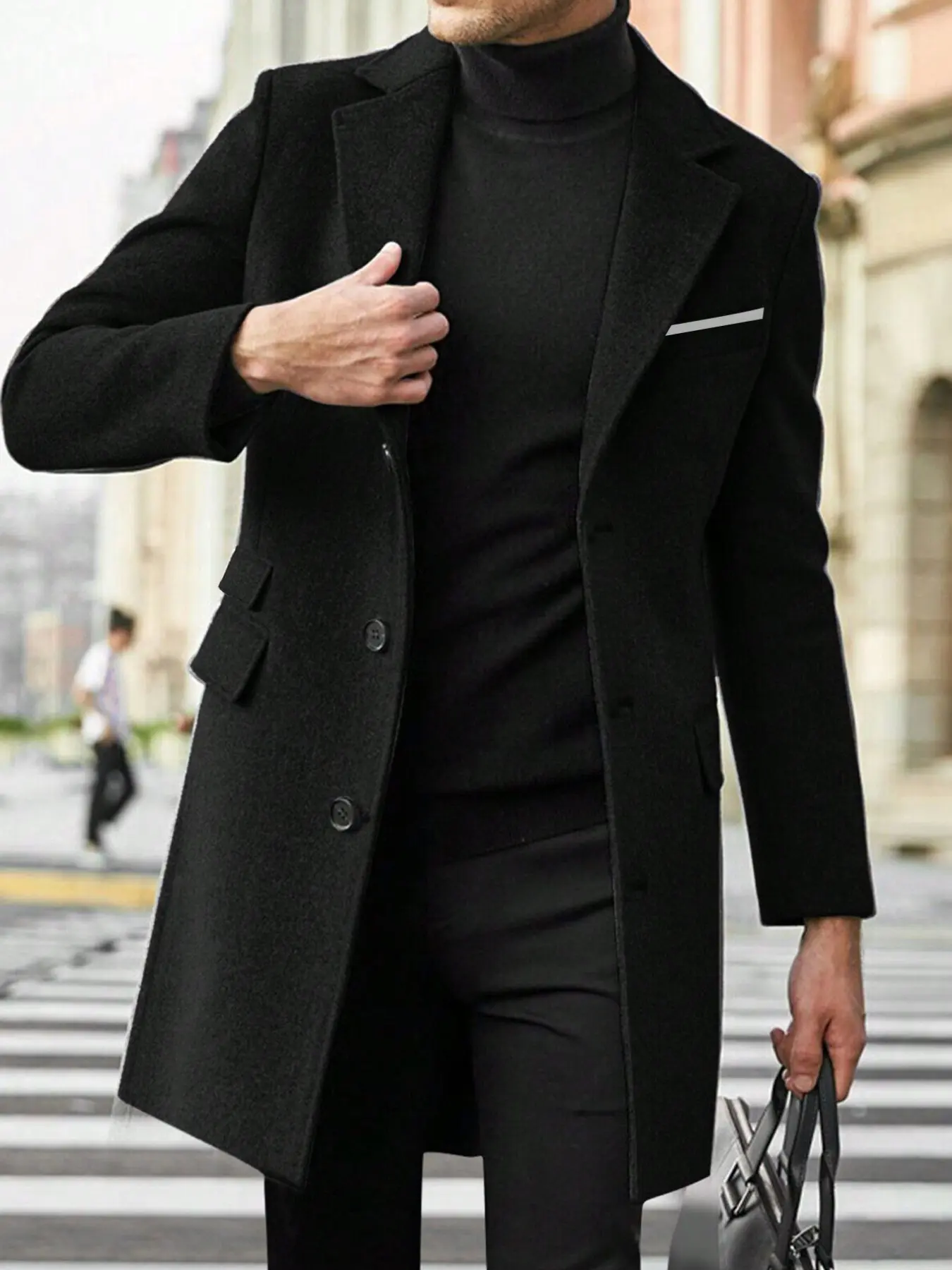 Men's Medium-Length Overcoat, Slim-Fit Business Style, Three-Button Design, Chest Pocket, Thick Wool Fabric, Fall & Winter Wear