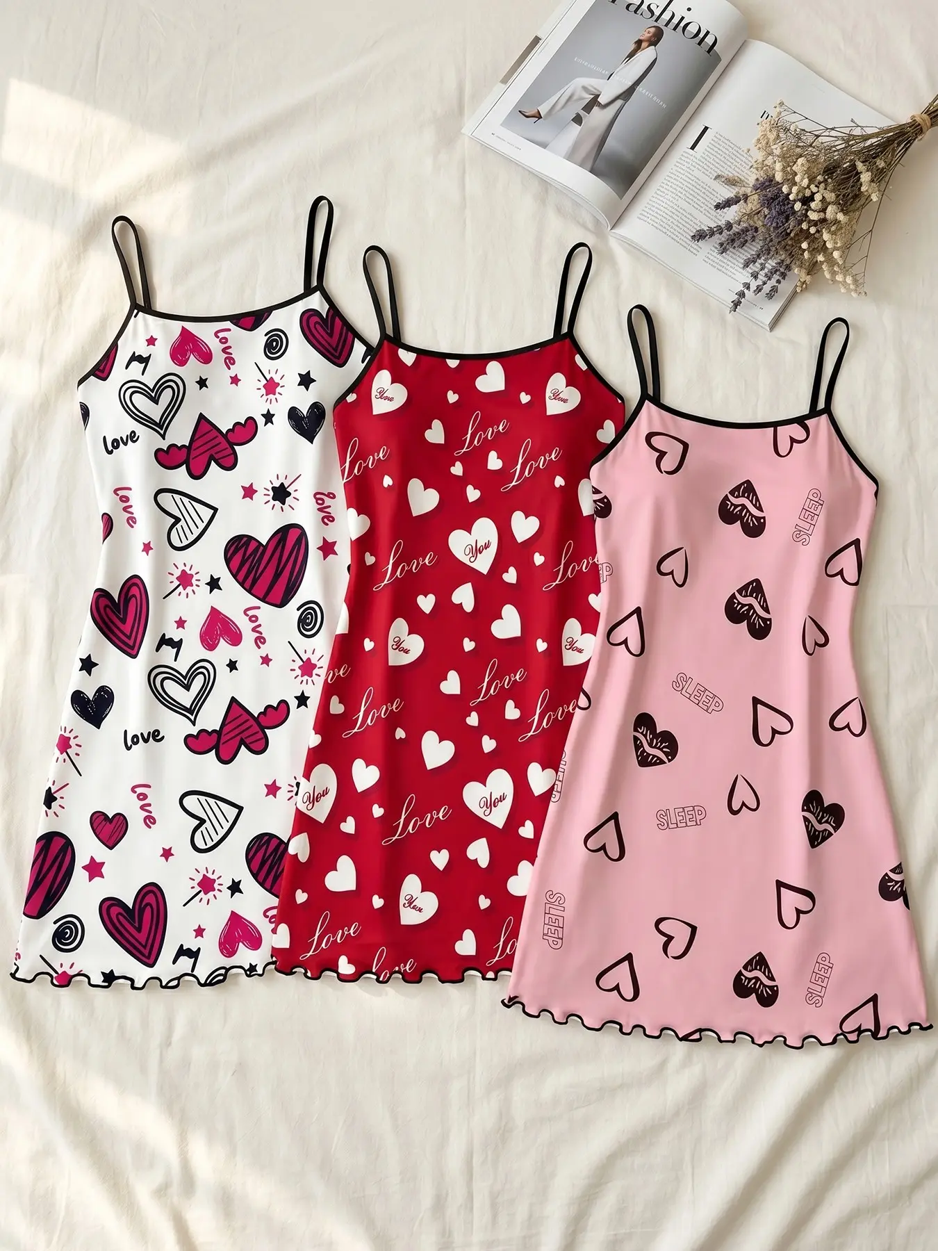 Women's 3 Pack Slip Nightgowns, All Season Wear, Heart Love Print Ruffle Hem, Lovecore Aesthetic Style, Loose Fit, Breathable, For Daily Home Wear, Casual Wear And Home Office