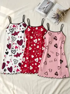 Women's 3 Pack Slip Nightgowns, All Season Wear, Heart Love Print Ruffle Hem, Lovecore Aesthetic Style, Loose Fit, Breathable, For Daily Home Wear, Casual Wear And Home Office