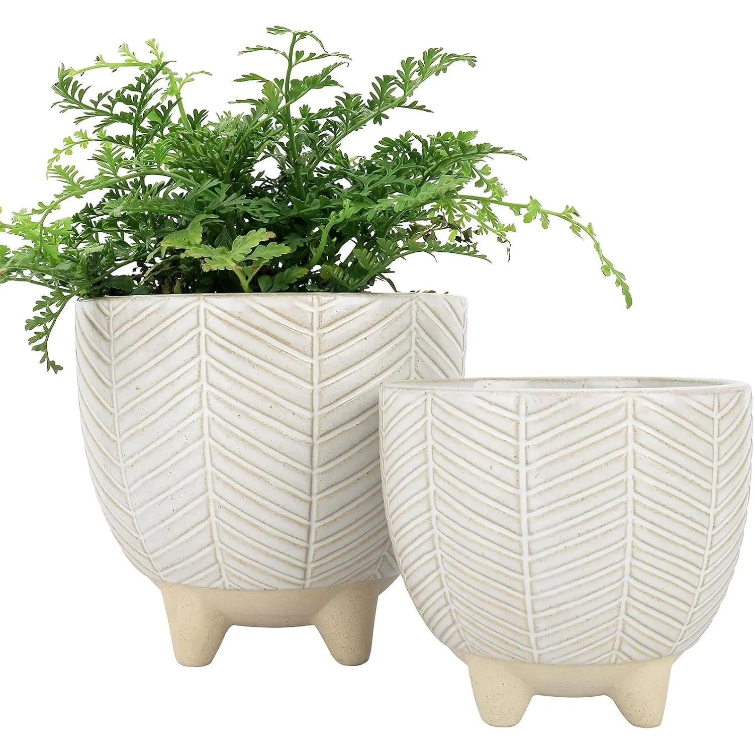 Ceramic Footed Plant Pots - 2 Sizes (6.7in + 5.1in) Beige Boho Decor Indoor Planters with Drain Hole for Water Control, Home & Garden Supplies, Handmade Craft, Two Sizes