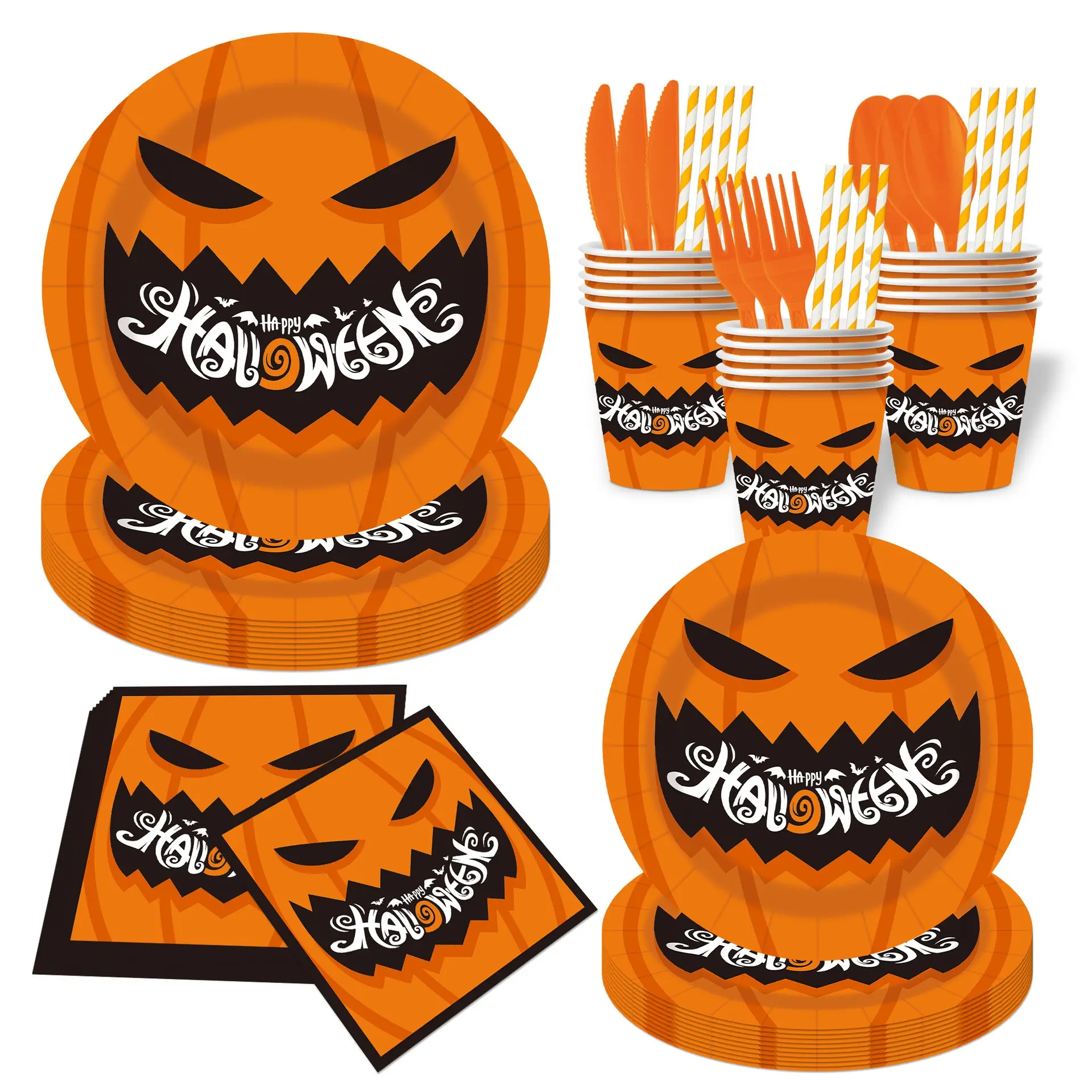 Halloween Pumpkin Party Tableware Set, Jack O' Lantern Print, Thick Disposable Paper Plates Cups Napkins Forks Straws, 10-Person Set