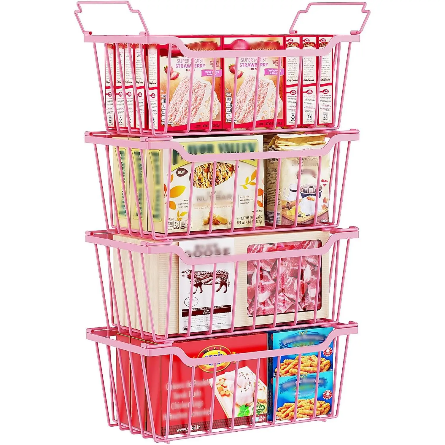 4 Pack Freezer Organizer Bins for 5-7 Cu.Ft Chest Freezers, Stackable Metal Wire Baskets with Handles for Meat, Vegetables and Frozen Food