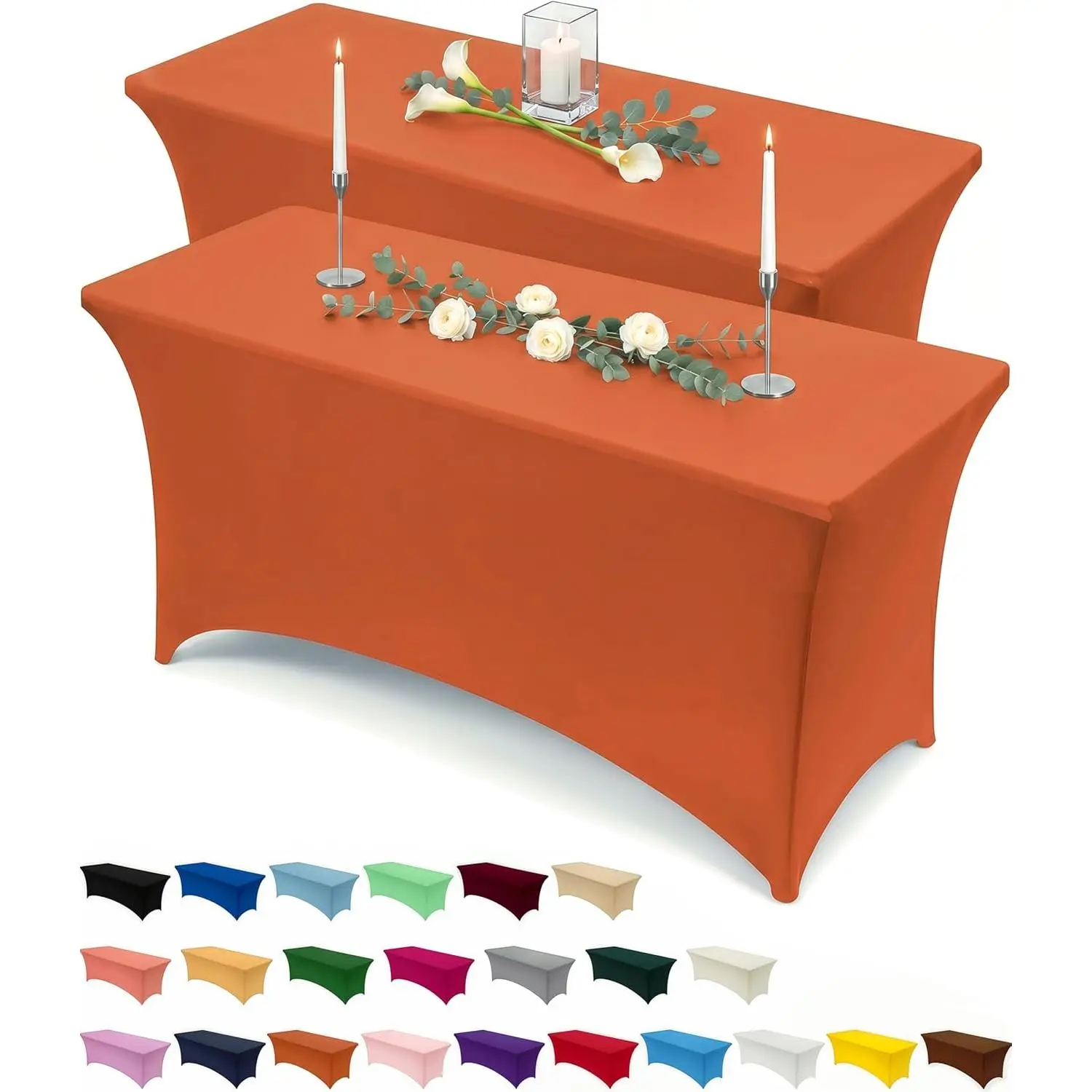 Kitchen Spandex Tablecloth 2 Pack [6FT, Orange] Tight, Fitted, Washable Wrinkle Resistant Stretch Table Cloth Rectangle Cover for Trade Show, Weddings & Parties [72Lx30Wx30H Inch]