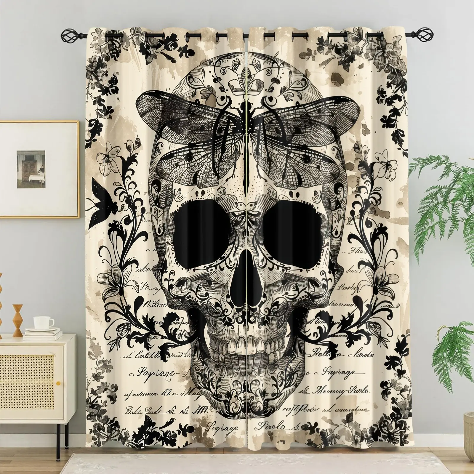 Dark Gothic Aesthetic Blackout Curtains, Carved Skull, Hollowed-out Dragonfly and Vine Floral Print, 2-Pack Polyester Privacy Drapes, Insulated, Noise-Reducing, Ideal for Tattoo Studio and Unique Bedrooom, Blackout Bedroom Curtains