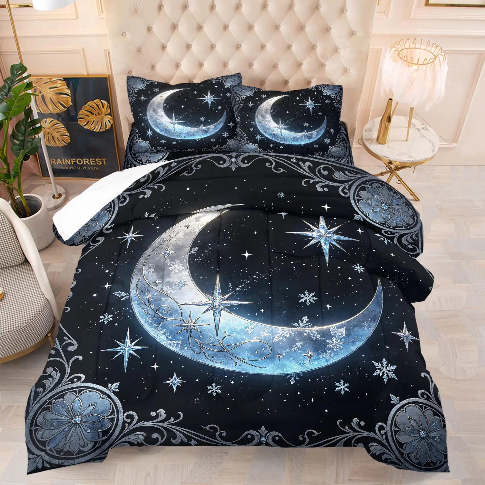 Black Starry Sky Blue Snowflake Crescent Moon Star Comforter Set, 1 Comforter + 1-2 Pillowcases, Durable Soft Comfy Washable Bed Set, High Definition Digital Print, Cool Mystical Gothic Witch Style, Night Sky Lovers Bedroom Bedding