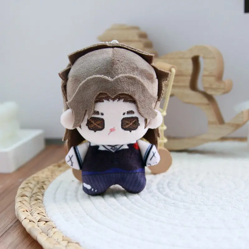 Mini Brown Long Hair Anime Boy Plush Keychain Cross Stitch X Shape Broken Eyes Red Nose Dark Vest Striped Pants Spooky Cute Game Character Stuffed Pendant Gift For Teens Bag Charm Halloween Themed Party Favor Cross-Border Wholesale