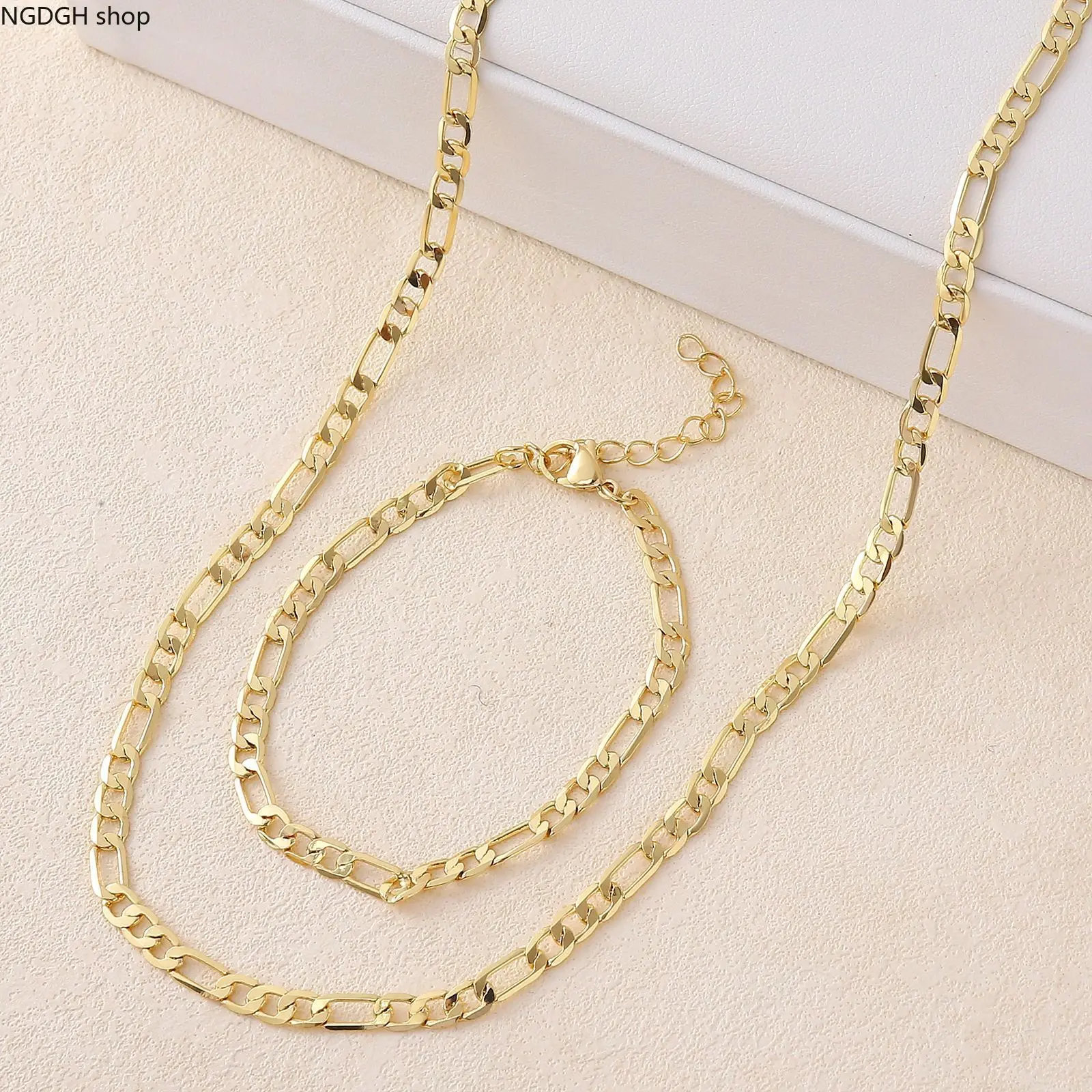 Gold Plated Figaro Necklace and Bracelet Set for Women, Trendy Link Chain Jewelry for Daily Layered Looks, Necklaces, 1 Bracelet + Necklace Each