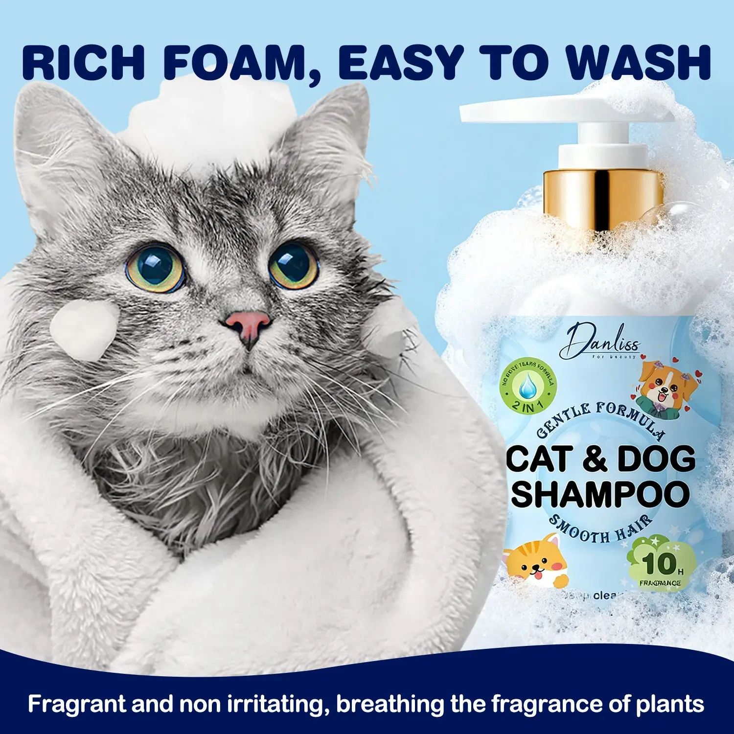 Danliss Pet Shampoo for Cats, Kittens and Dogs, Gentle Natural Plant-Based Formula, Softens Fur, Fresh Scent, Long-Lasting Fragrance, Puppy Shampoo