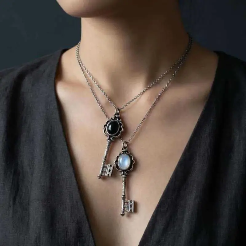 Natural Moonstone Triple Moon Goddess Necklace for Women | Silver Plated Key Pendant | Spiritual Hypoallergenic Jewelry Gift for Her