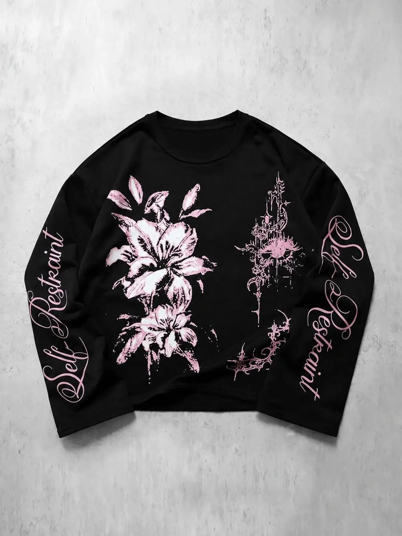 Men's Round Neck Long Sleeve T-Shirt, Lily Floral Print, Gothic Art Pattern, Loose Fit, Y2K Street Style, Spring Fall Casual Wear