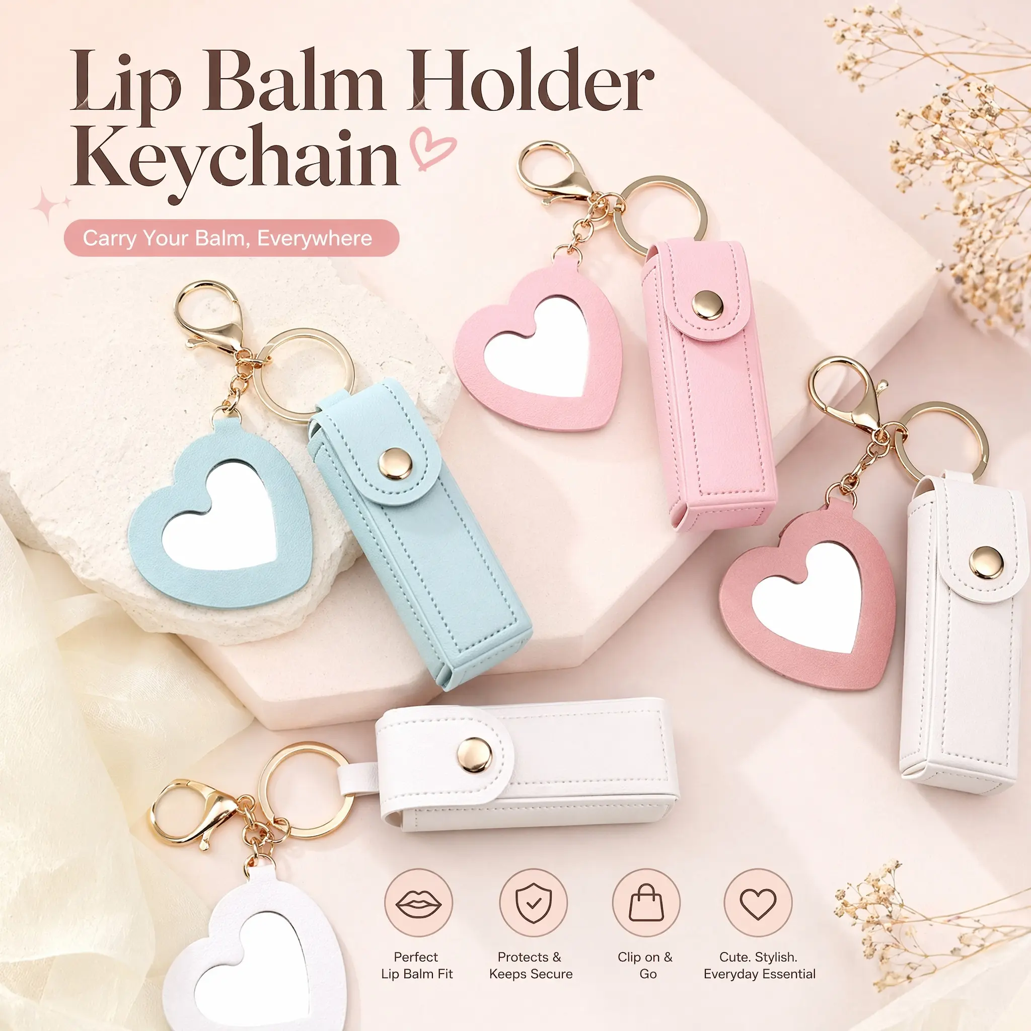 Cute PU Leather Lip Balm Holder Keychain with Heart Mirror, Portable Lipstick Case Bag Charm, Preppy Aesthetic Small Lip Gloss Pouch Key Ring Gift for Teen Girls Women-YY1