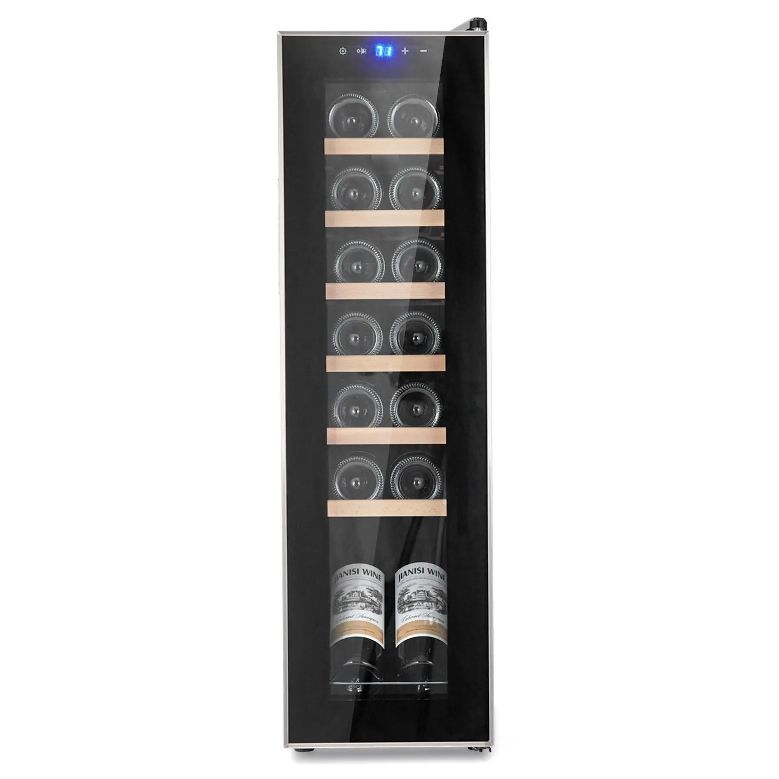 14 Bottle Wine Fridge Compact Refrigerator, 10" Wide Freestanding Wine Cooler with Digital Touch Screen, Stainless Steel Mini Wine Cellar with Smoked Glass Door & Blue LED Light for Home Office Apartment