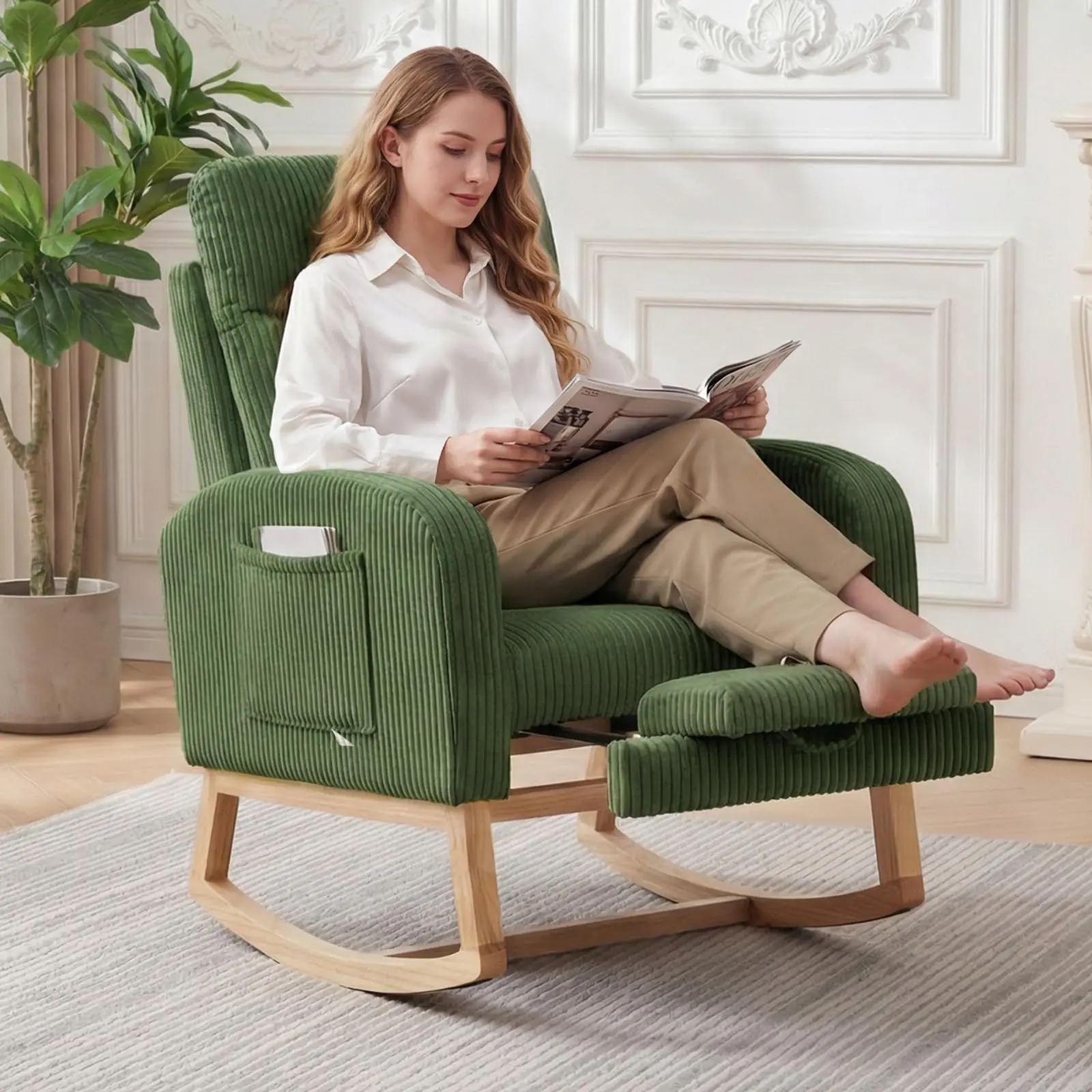 GARVEE Modern Nursery Upholstered Rocking Chair with Ottoman - Single Seat Soft Armrests Chair with High Backrest, Side Storage Pocket, Solid Wood Base for Nursery, Bedroom