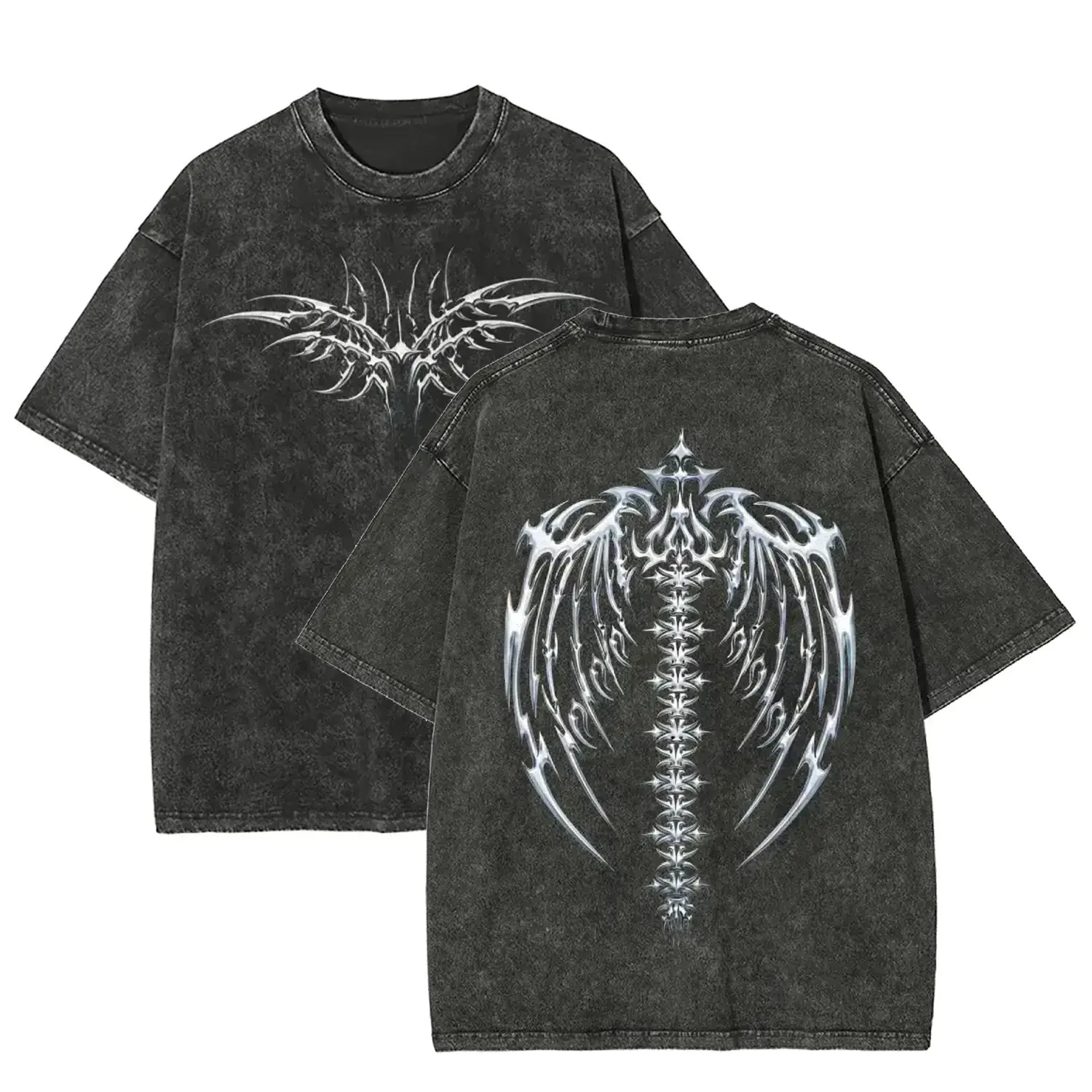 Men's Acid Wash Vintage Grey Heavyweight Cotton T-Shirt - Oversized, Printed Y2K Cyber Sigilism, Tribal Chrome Graphic, Gothic Grunge Streetwear Top (Printed Design - Not Textured)