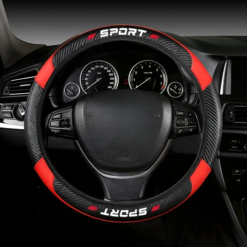 Sport Carbon Fiber PU Steering Wheel Cover, 4-Segment 15-Inch Universal Fit Car Steering Wrap, Textured Grip Boost Auto Interior Accessories, Car Steering Wheel Interior Accessory
